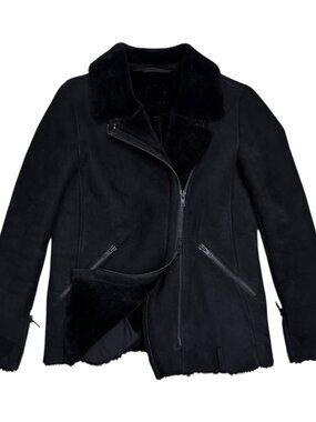 100% LAMB SHEARLING Just Female Vintage Luxury Jacket Coat Bomber Womens Small